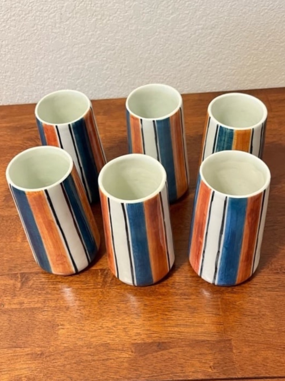 Striped Ceramic Tumbler Set - Blue, Orange & White (6)